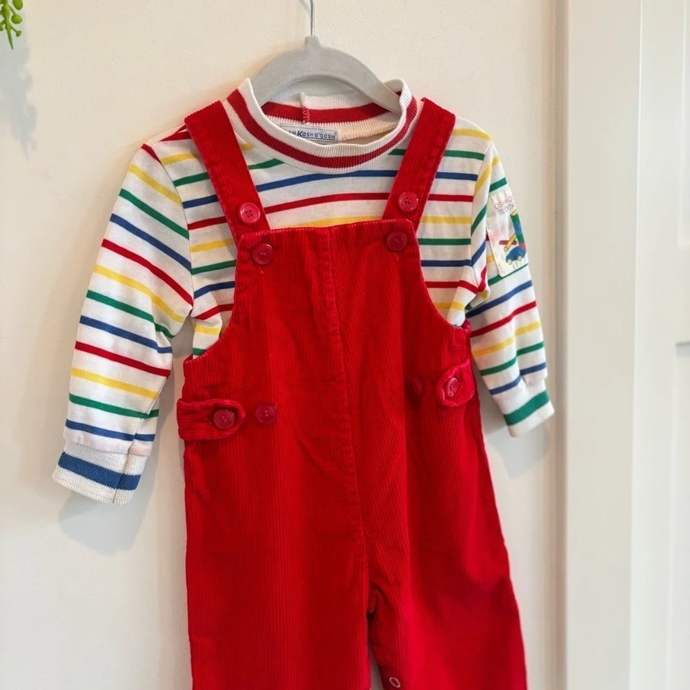 OshKosh B'Gosh Vintage 80's Rainbow Striped Mock Neck 18 mos Shirt Red Overalls